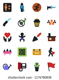 Color and black flat icon set - elevator vector, baby, boarding, meeting, flower in pot, trowel, watering can, garden knife, fireplace, run, heart hand, music, manager, sale, chip, intercome, group