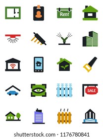 Color and black flat icon set - saw vector, office building, house, with tree, garage, plan, sale, rent, heater, city, rolling pin, eco, irrigation, home control app, radiator, gate, eye scan