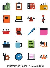Color and black flat icon set - team vector, root setup, clipboard, coffee, copybook, clock, office building, abacus, blank box, manager desk, paper binder, meeting, tie, notebook pc, contract, book