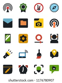 Color and black flat icon set - no mobile vector, wireless notebook, tracking, antenna, settings, themes, alarm, mail, folder, notes, torch, brightness, compass, face id, photo gallery, sertificate