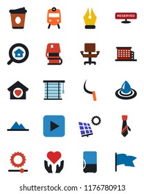 Color and black flat icon set - train vector, coffee, sickle, heart hand, play button, brightness, ink pen, office chair, tie, book, sun panel, mountains, building, estate search, sweet home, water