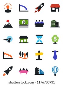 Color and black flat icon set - team vector, meeting, office building, shining head, motivation, rocket, crisis, cash, paper plane, tie, money tree, storefront, guidepost, sand clock, air balloon