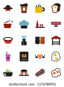 Color and black flat icon set - coffee vector, cook, alcohol, hat, menu, reserved, phyto bar, salad, bacon, salt and pepper, bread, cafe building, table, dress code, alcove, bowl, steaming pan