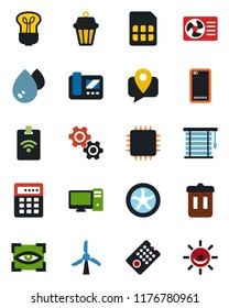 Color and black flat icon set - mobile tracking vector, phone back, sim, chip, fan, remote control, air conditioner, intercome, pc, gear, water, bulb, outdoor lamp, jalousie, eye scan, trash bin