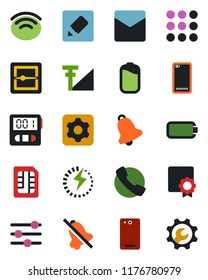 Color and black flat icon set - phone back vector, call, menu, settings, tuning, stopwatch, bell, mail, scanner, sim, notes, wireless, mute, cellular signal, battery, charge, sertificate, root setup