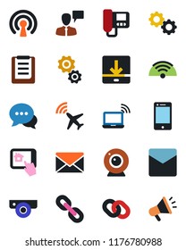 Color and black flat icon set - plane radar vector, wireless notebook, speaking man, mail, clipboard, cell phone, dialog, chain, download, web camera, intercome, home control app, gear, advertising