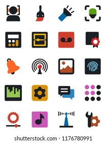 Color and black flat icon set - antenna vector, menu, message, gallery, settings, themes, calculator, bell, record, scanner, torch, brightness, face id, fingerprint, music, sertificate, root setup