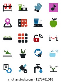 Color and black flat icon set - fence vector, arrival, plane globe, airport building, document reload, seedling, glove, blood test vial, navigation, satellite, menu, music, paper binder, apple fruit