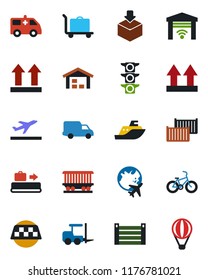 Color and black flat icon set - taxi vector, departure, baggage conveyor, trolley, fork loader, plane globe, ambulance car, bike, railroad, traffic light, sea shipping, cargo container, delivery