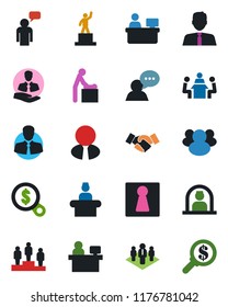 Color and black flat icon set - female vector, baby room, reception, handshake, speaking man, pedestal, manager place, client, speaker, group, meeting, company, estate agent, money search