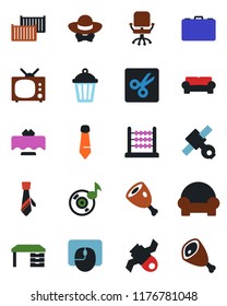 Color and black flat icon set - office chair vector, case, mouse, desk, tie, garden light, satellite, cargo container, cut, music, abacus, cushioned furniture, tv, restaurant table, dress code, ham