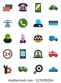 Color and black flat icon set - runway vector, taxi, 24 around, phone, reception, ambulance car, office, hours, support, cargo container, delivery, search, cell, mobile, root setup, moving, reserved