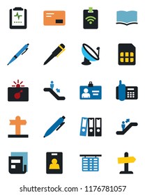 Color and black flat icon set - escalator vector, bomb in case, flight table, identity card, book, pen, pulse clipboard, signpost, office phone, satellite antenna, mail, sim, news, paper binder