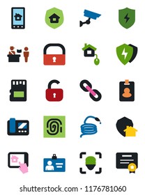 Color and black flat icon set - passport control vector, identity card, hose, chain, protect, sd, lock, face id, estate insurance, home, intercome, app, pass, surveillance, fingerprint, certificate