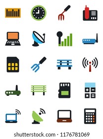 Color and black flat icon set - antenna vector, wireless notebook, calculator, pc, garden fork, bench, clock, barcode, satellite, laptop, radio phone, sd, sim, cellular signal, router