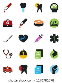 Color and black flat icon set - heart pulse vector, doctor case, diagnosis, stethoscope, syringe, dropper, pills, scalpel, tomography, ambulance star, car, hospital bed, stomach, lungs, caries