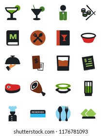 Color and black flat icon set - spoon and fork vector, waiter, cook, cafe, wine card, menu, reserved, drink, cocktail, plates, restaurant receipt, steak, ham, bowl, sushi, serviette