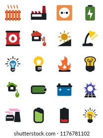 Color and black flat icon set - bulb vector, factory, fire, oil barrel, low battery, brightness, charge, desk lamp, heater, home control, socket, sun panel, idea