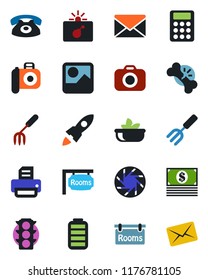 Color and black flat icon set - bomb in case vector, mail, printer, garden fork, broken bone, traffic light, camera, battery, mobile, gallery, calculator, rooms, phone, salad, rocket, cash