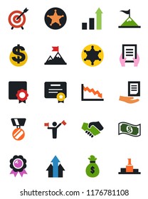 Color and black flat icon set - dispatcher vector, growth statistic, dollar sign, medal, document, sertificate, police, target, arrow up graph, motivation, handshake, money bag, crisis, cash