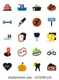 Color and black flat icon set - plant label vector, pumpkin, seeds, heart pulse, dropper, barbell, bike, run, caries, implant, diet, hospital, pool, salad, bread, omelette, cheese