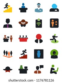 Color and black flat icon set - passport control vector, elevator, male, reception, speaking man, team, manager place, run, doctor, support, meeting, career ladder, estate agent, dress code