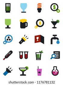 Color and black flat icon set - document search vector, blood test vial, thermometer, fragile, torch, water supply, client, wine card, drink, cocktail, phyto bar, beer, energy saving bulb, consumer