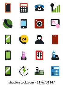 Color and black flat icon set - mobile phone vector, office, 24 hours, support, cell, radio, back, call, camera, sim, cellular signal, charge, home control app, combination lock