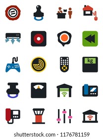 Color and black flat icon set - airport tower vector, passport control, radar, stamp, scales, gamepad, remote, rewind, rec button, tuning, home, air conditioner, intercome, garage gate