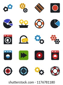 Color and black flat icon set - ticket office vector, washer, gear, pills blister, fast forward, rec button, record, pie graph, target, flower in pot, crisis management