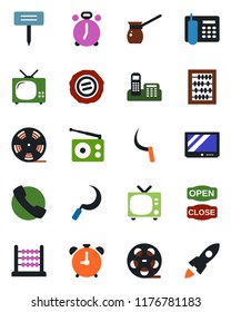 Color and black flat icon set - alarm clock vector, tv, abacus, stamp, sickle, plant label, reel, radio, call, office phone, open close, turkish coffee, rocket