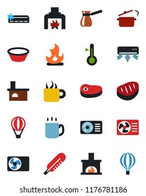 Color and black flat icon set - fire vector, fireplace, thermometer, coffee, air conditioner, steak, bowl, steaming pan, turkish, balloon