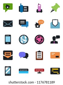 Color and black flat icon set - mobile phone vector, mail, office, network, cell, speaker, paper pin, message, clipboard, reserved, home, schedule