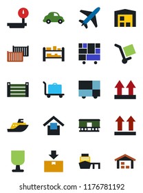 Color and black flat icon set - plane vector, baggage trolley, sea shipping, cargo container, car delivery, port, consolidated, fragile, warehouse storage, up side sign, package, heavy scales, rack