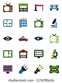 Color and black flat icon set - barrier vector, tv, alarm car, seat map, bench, monitor pulse, microscope, eye, torch, plan, alcove, scan