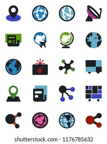 Color and black flat icon set - satellite antenna vector, bomb in case, globe, plane, earth, pin, consolidated cargo, network, share, news, social media