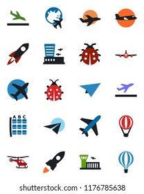 Color and black flat icon set - plane vector, departure, arrival, helicopter, seat map, globe, airport building, lady bug, rocket, paper, air balloon