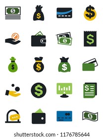 Color and black flat icon set - credit card vector, ticket office, dollar sign, money bag, statistic monitor, cash, receipt, wallet, investment