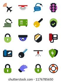 Color and black flat icon set - plane radar vector, safe, lock, glove, hose, traffic light, shield, protect, key, intercome, surveillance, sprinkler, crisis management