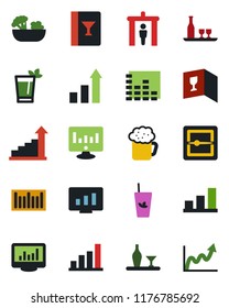 Color and black flat icon set - security gate vector, growth statistic, monitor, barcode, equalizer, scanner, statistics, bar graph, alcohol, wine card, phyto, beer, salad