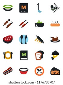 Color and black flat icon set - spoon and fork vector, cafe, menu, salad, plates, bacon, waiter, bread, chicken, steak, kebab, ladle, bowl, rolling pin, sushi, cheese