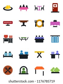 Color and black flat icon set - cafe vector, reception, flight table, medical room, desk, meeting, manager place, picnic, restaurant, serviette, reserved, salt and pepper