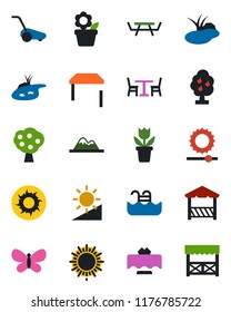 Color and black flat icon set - cafe vector, sun, flower in pot, lawn mower, butterfly, pond, picnic table, brightness, pool, fruit tree, mountains, restaurant, alcove