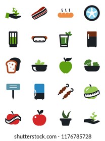 Color and black flat icon set - seedling vector, plant label, diet, drink, phyto bar, salad, bacon, bread, kebab, hot dog, apple fruit, fan, fridge, palm sproute