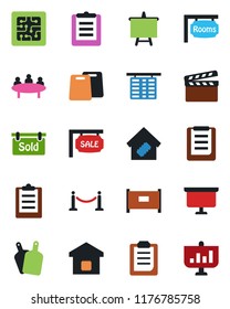 Color and black flat icon set - fence vector, flight table, presentation board, meeting, clipboard, clapboard, sale, rooms, sold signboard, smart home, cutting, chip