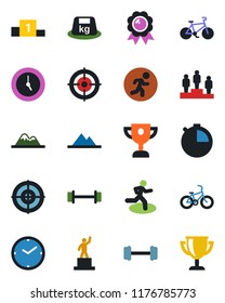 Color and black flat icon set - pedestal vector, medal, barbell, bike, run, heavy, clock, stopwatch, target, mountains, award cup