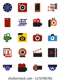 Color and black flat icon set - camera vector, clapboard, film frame, video, phone back, mobile, photo gallery, web, surveillance