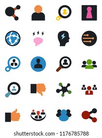 Color and black flat icon set - female vector, team, brainstorm, share, group, finger up, down, user, network, company, client search, consumer, social media