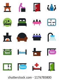 Color and black flat icon set - baby room vector, shower, meeting, fireplace, hospital bed, plan, rent, rooms, bedroom, cushioned furniture, door