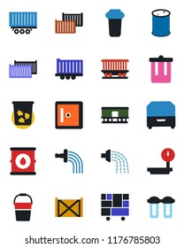Color and black flat icon set - trash bin vector, checkroom, bucket, watering, railroad, truck trailer, cargo container, consolidated, oil barrel, heavy scales, archive box, water filter